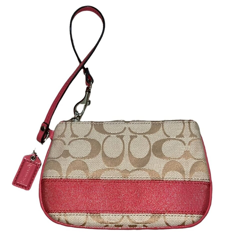 Coach Signature Beige & Pink Wristlet Bag With Zip Closure & Interior Pocket